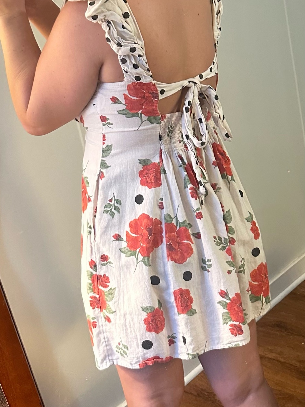 Floral & Polka Dot Cutout Sundress — White with Red Roses - Picture 2 of 2